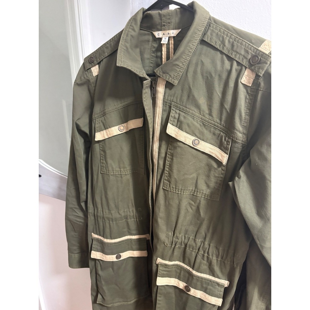 Cabi Mens Olive Green Utility Jacket Military Field Coat Herringbone Trim Medium